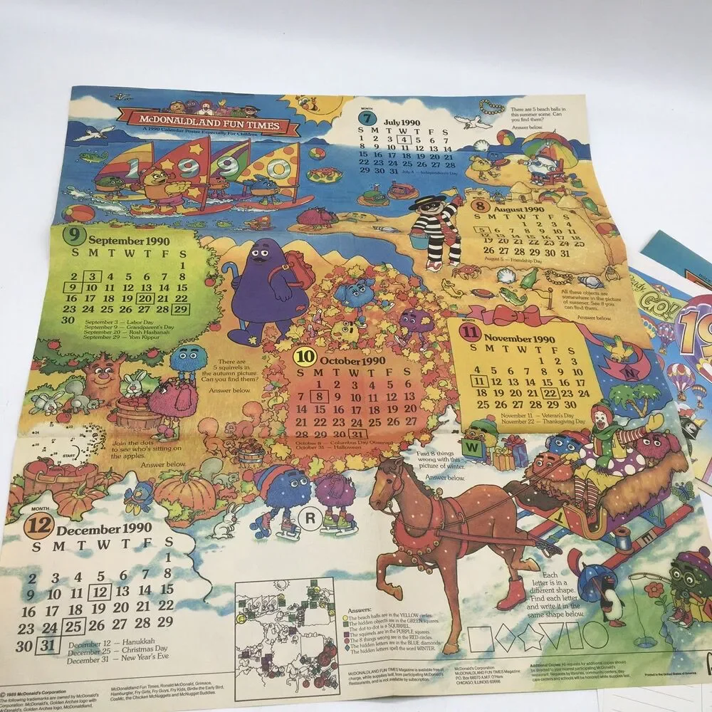 McDonald McDonaldLand Fun Times 1990s Calendar Fold Out Paper Poster + Postcards